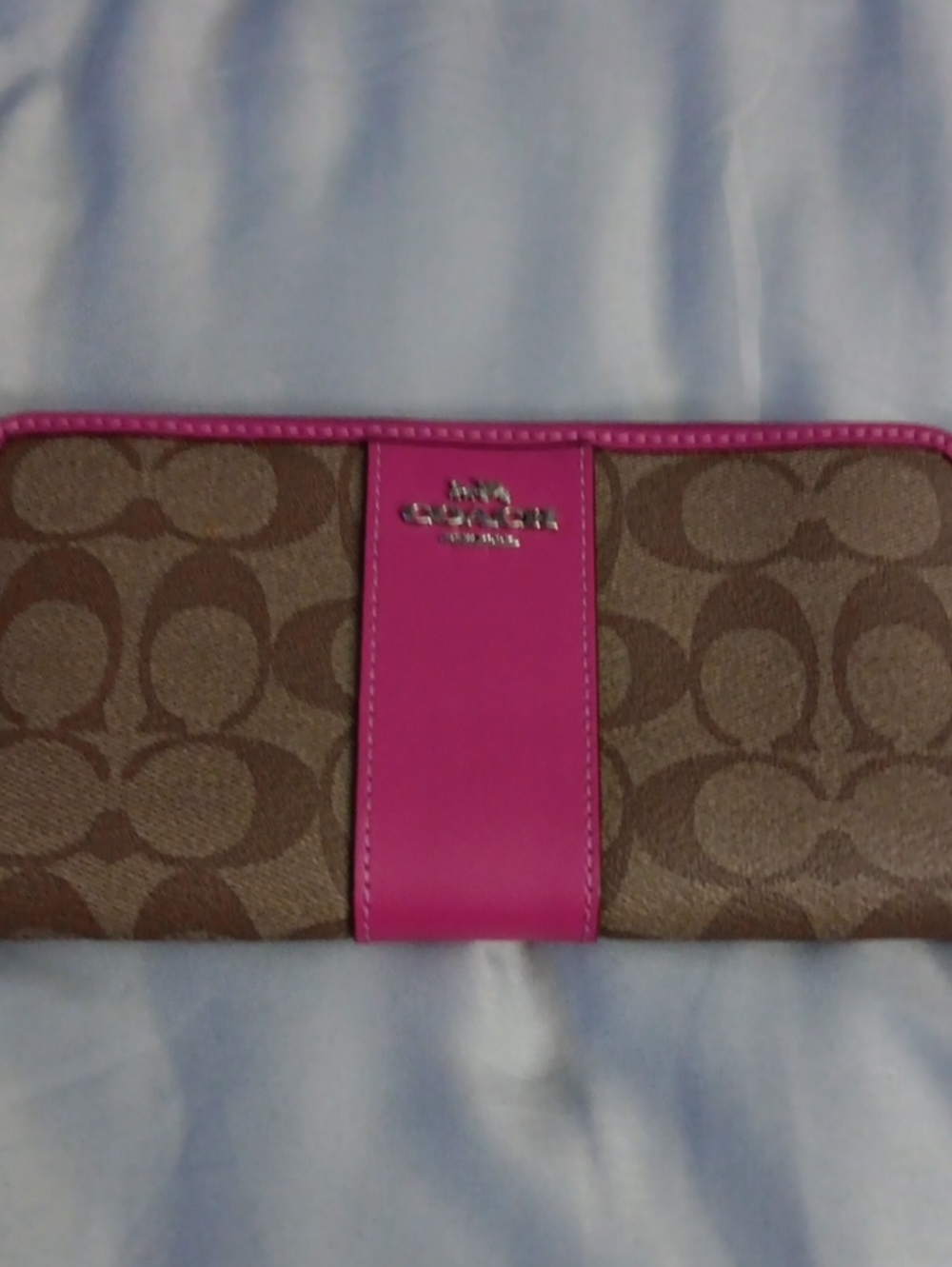 Coach Brown Signature Canvas Wallet with Hot Pink Trim